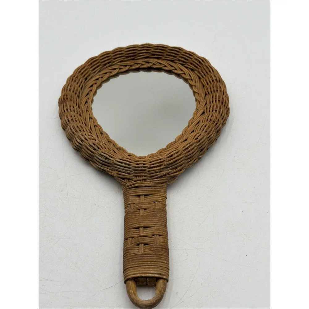 Retro Woven Wicker Rattan Vanity Bohemian Hand Held Mirror Tan